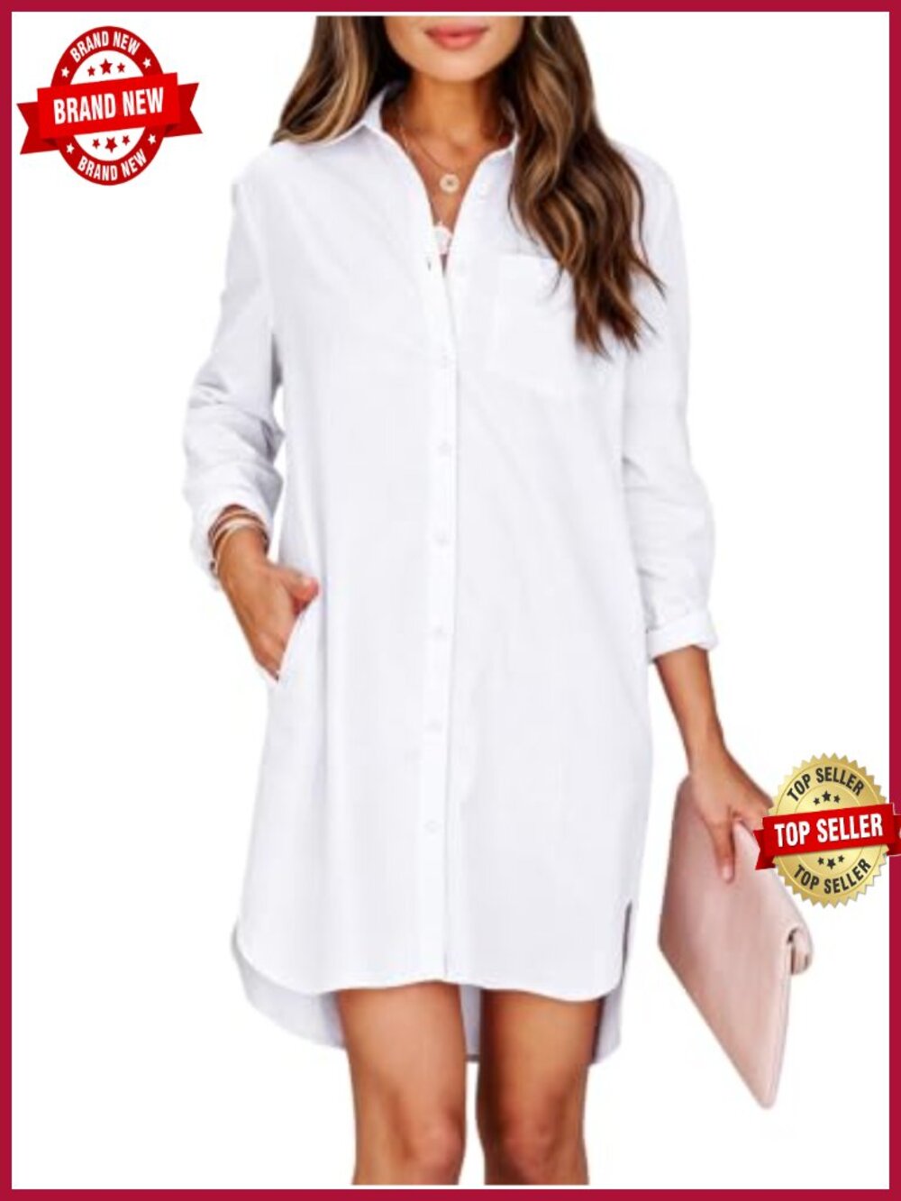 Button Down Shirt Dress Cotton Blend High Low Tunic with Pockets